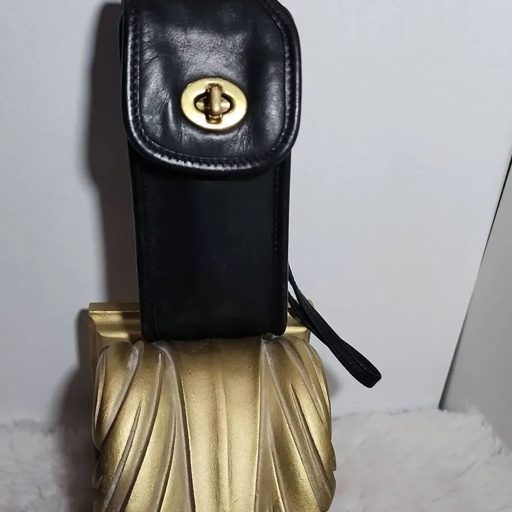 Vintage Coach black leather phone case with Strap